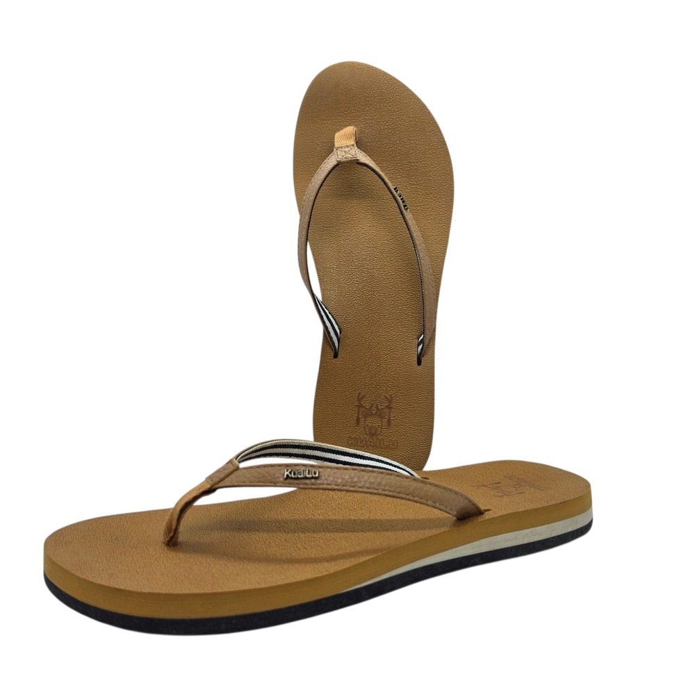 KuaiLu Tan Brown Flip Flop Sandals Striped Strap Thong Beach Shoes Womens 10.5in